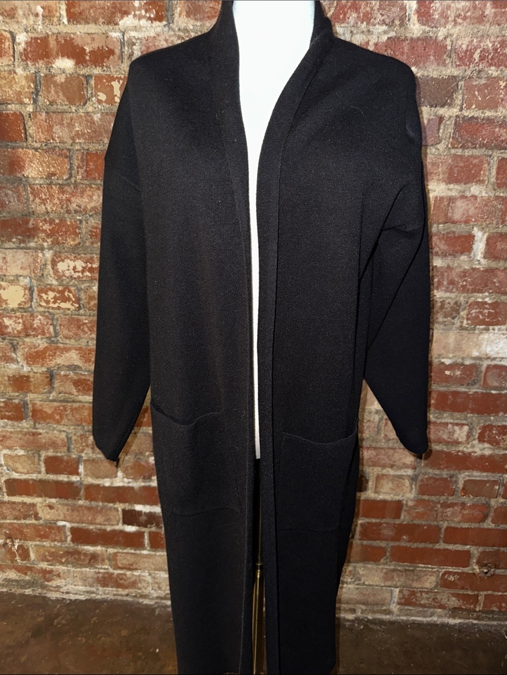 Long Open-Front Black Knit Cardigan with Pockets